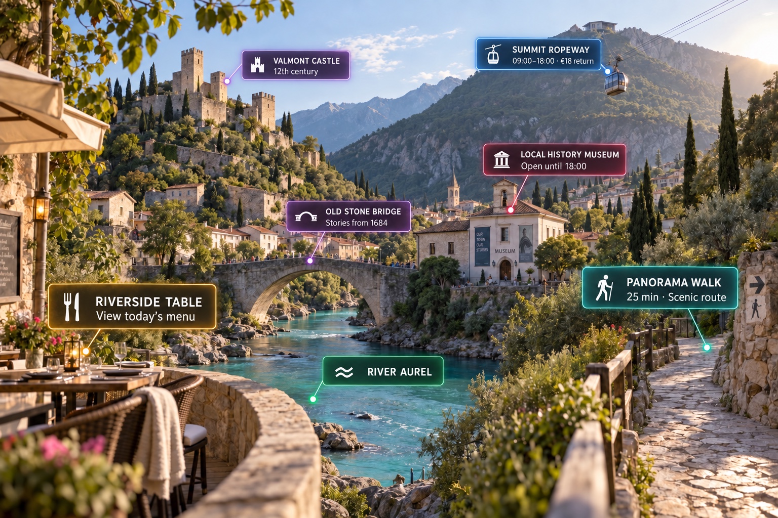 Photorealistic riverside town with seven AR banners identifying a restaurant menu, ropeway hours and price, river, medieval castle, historic bridge, museum and scenic walk.