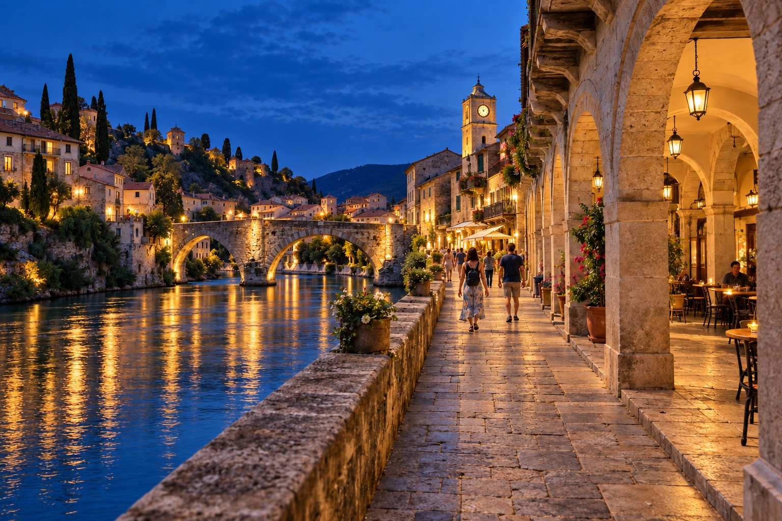 Riverside quarter in the evening.