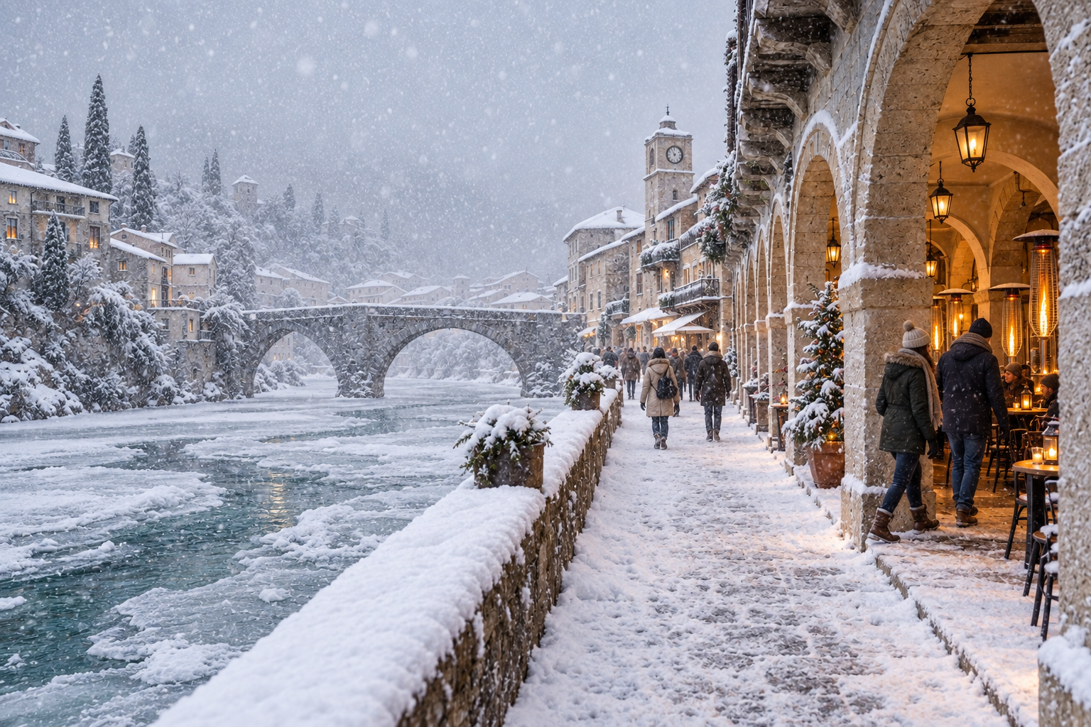 Snow falls over an almost frozen river as warmly dressed visitors enter a candlelit café in the sheltered gallery.