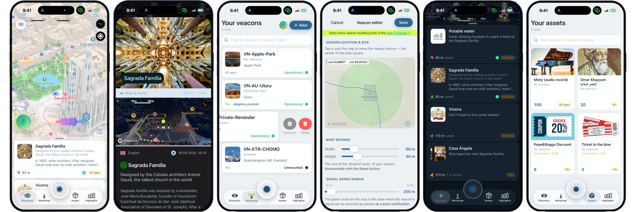 Six Espy iPhone screens showing discovery, content creation, digital assets and engagement insights