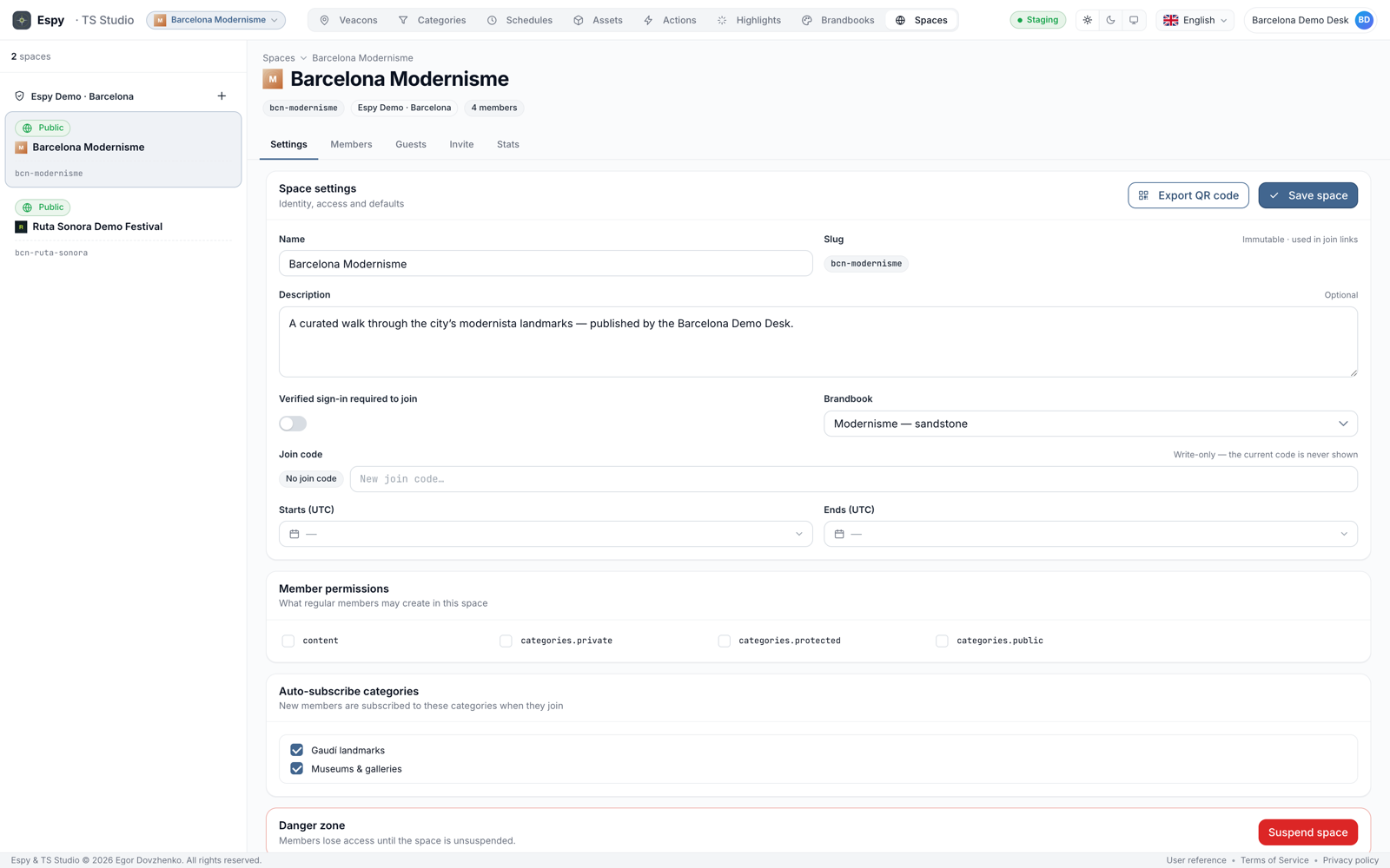 Spaces in TS Studio: project workspaces, members and permissions.