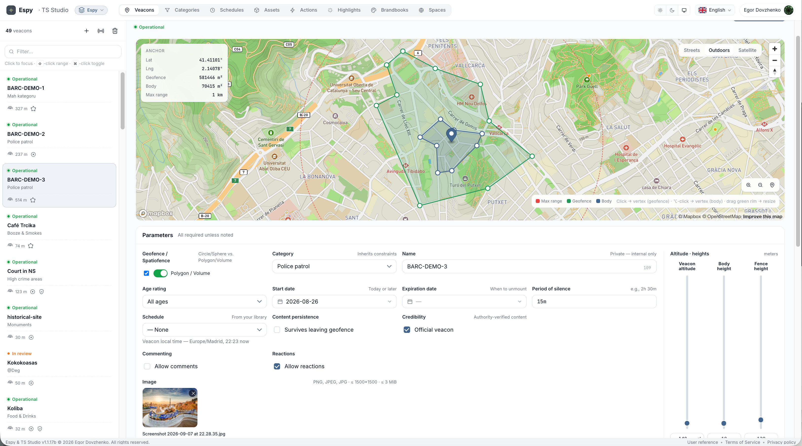 TS Studio: authoring a veacon with content and spatial boundaries.
